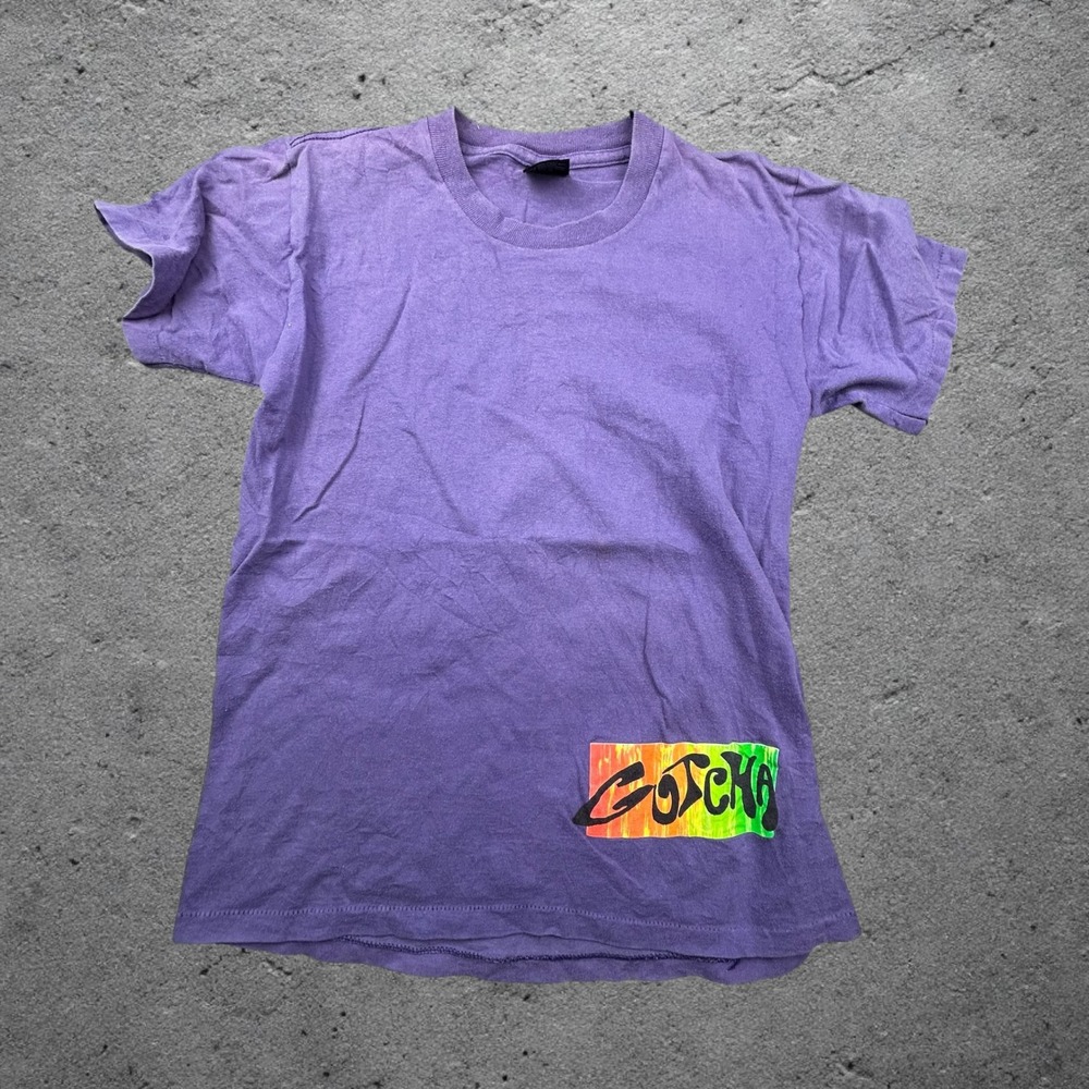 Vintage 90s Gotcha T Shirt S Purple Neon Rainbow Skater Surf Made in USA 0707